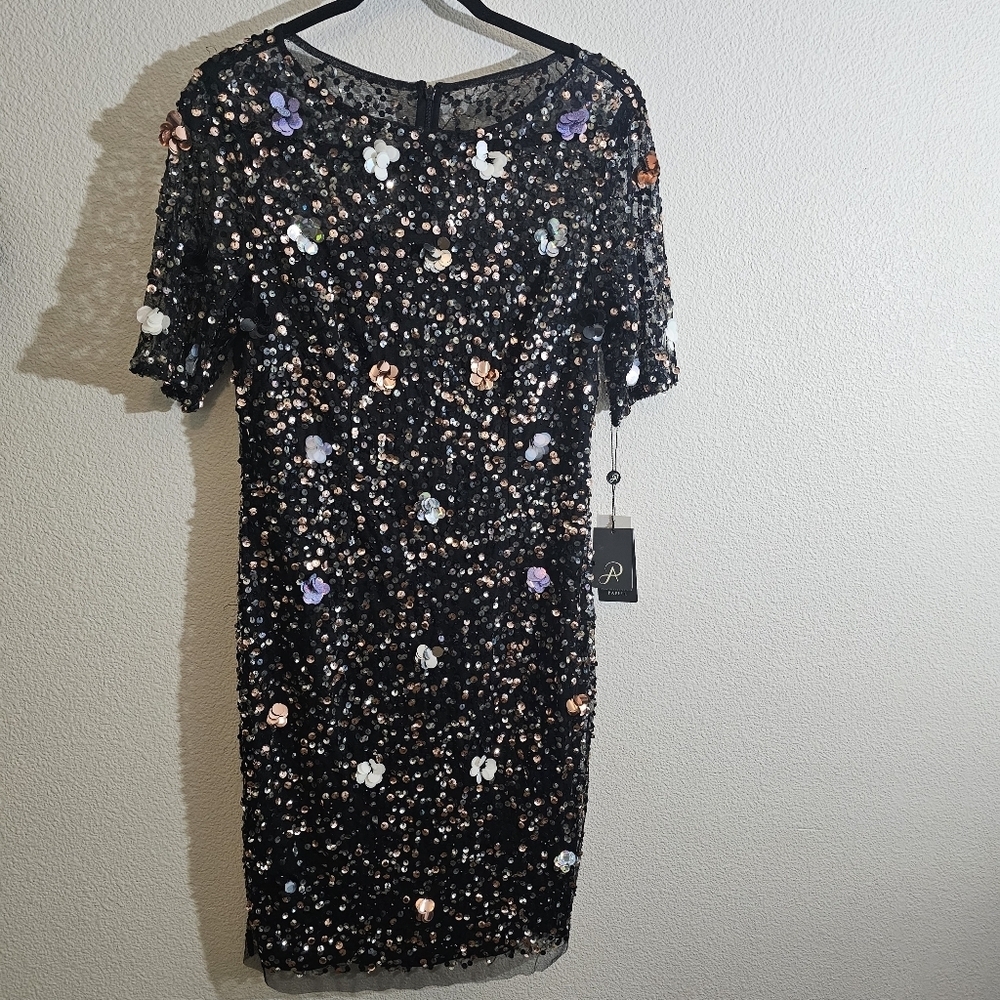 Adrianna Papell NWT Dress 8 Black 3D Floral Sheath Dress $249 - Picture 13 of 14